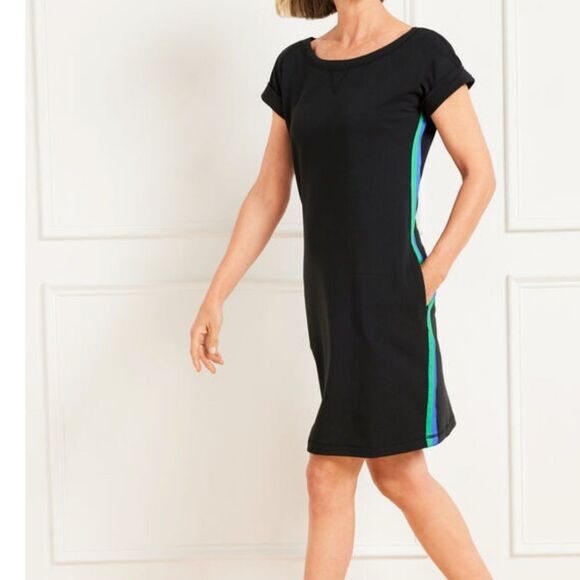 Talbots NWT Black Dress with Blue and Green Accent stripes down the sides large - Picture 1 of 13